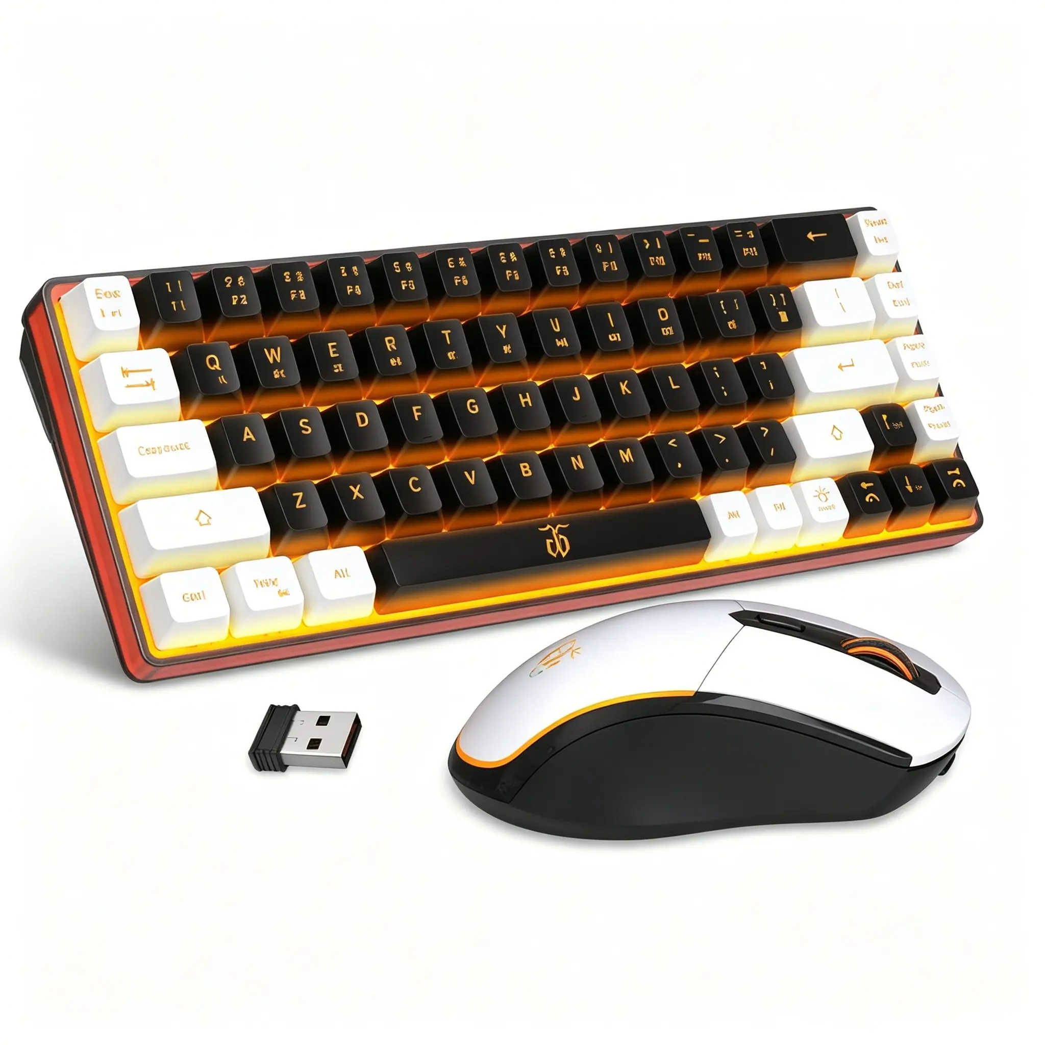 Black White 60% Wireless Keyboard Mouse Combo, Orange Backlit Rechargeable Membrane Keyboard with 2000mAh Built-in Battery, Anti-Ghosting Design with Simulated Mechanical Tactile Feel,  Portable Wireless Peripherals for PC Gaming & Daily Office Typing