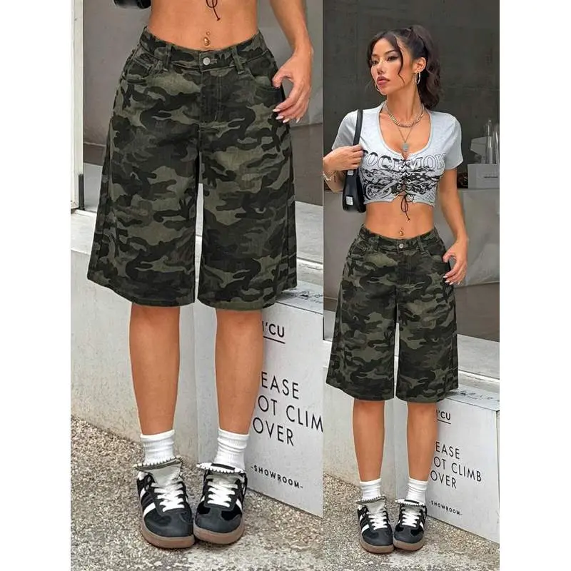 Camouflage denim shorts for petite women, low-waisted knee-length pants, Bermuda shorts, summer Y2K casual streetwear, suitable for petite women