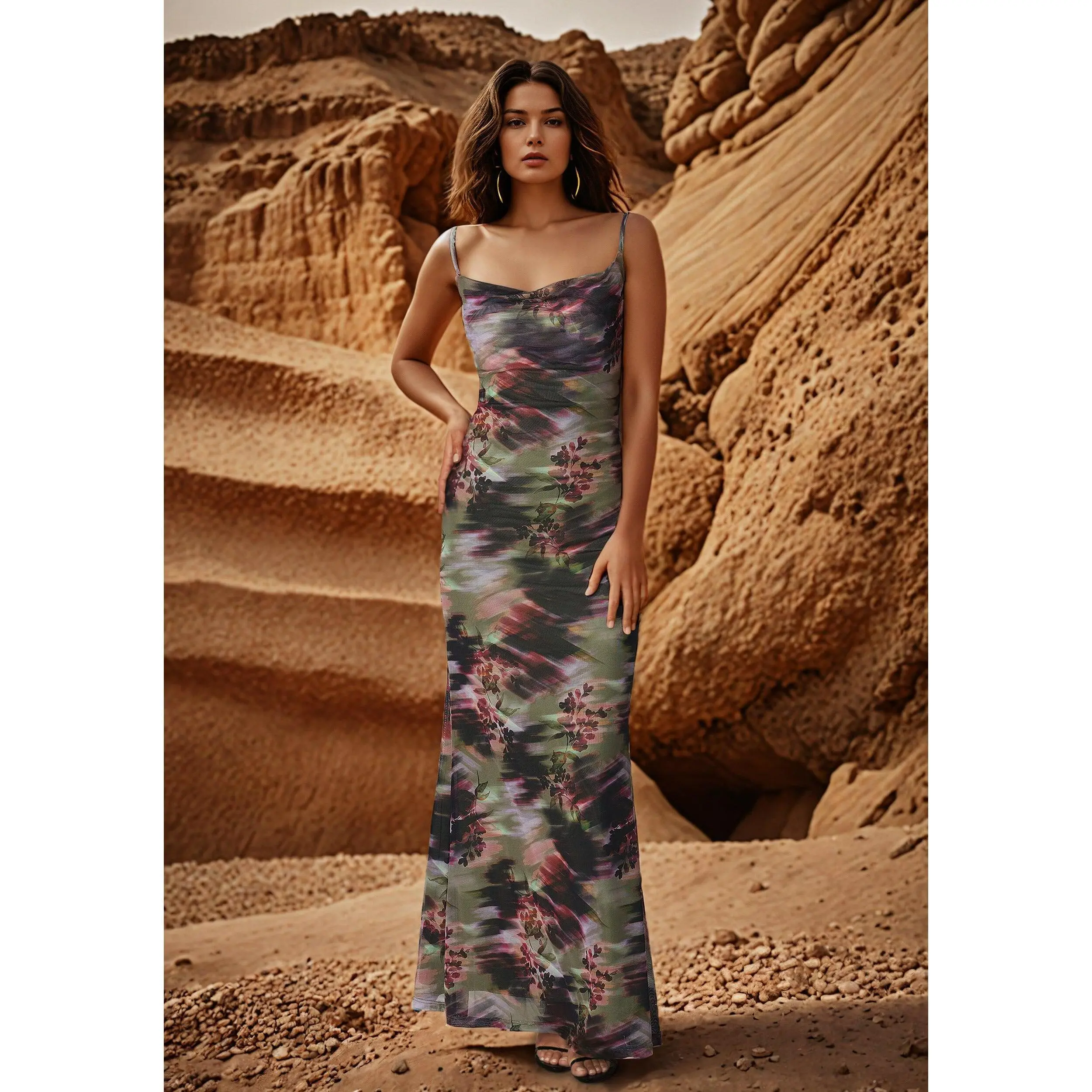 Printed Mesh Cowl Gown