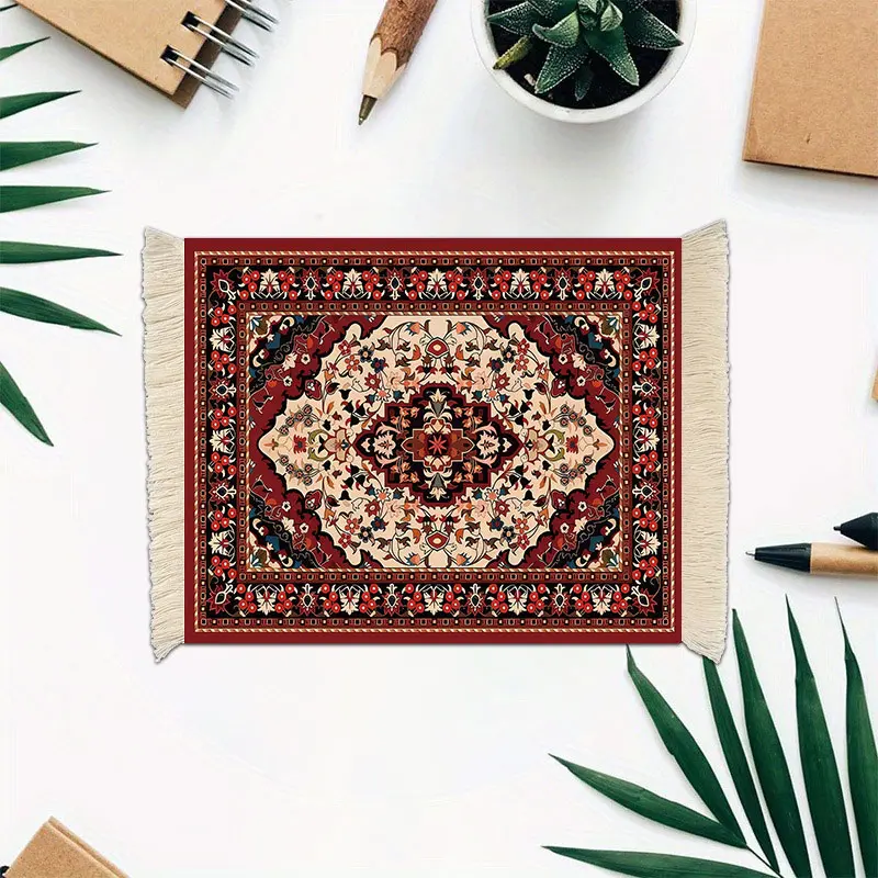 Vintage Persian Style Mini Carpet Mouse Pad with Tassels, Laptop Mouse Mat, Mouse Pad For Laptop, Computer Mouse Pad, Mouse Pads For Desk, Home Office Desk Decor, Desk Accessories, Cup Coaster, Doll Decoration, Mousepad