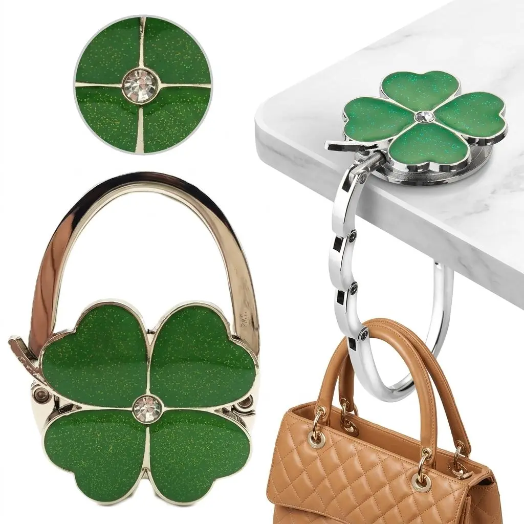 1 Pcs Portable Foldable Purse Holder, Clover Decor Table Handbag Hanger.Lightweight Travel Bag Hook, Durable And Compact, Universal Design For Indoor Outdoor Daily and Travel Use.
