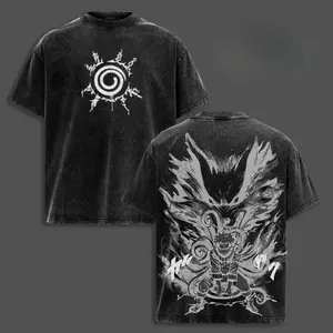 Naruto x Kurama - Naruto Anime Double Printed Vintage Washed Unisex Oversize Anime Manga Washed Heavyweight Cotton T-shirt, gifts For Anime Fan, Anime Lover