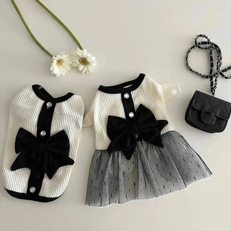 Luxury Dog Dress for Small Dogs Summer Puppy Clothes with Bow Lace Skirt Black & White Dog T-Shirt Chihuahua Vest Premium Cotton Lace Polyester Blend Breathable Comfortable Easy Wear