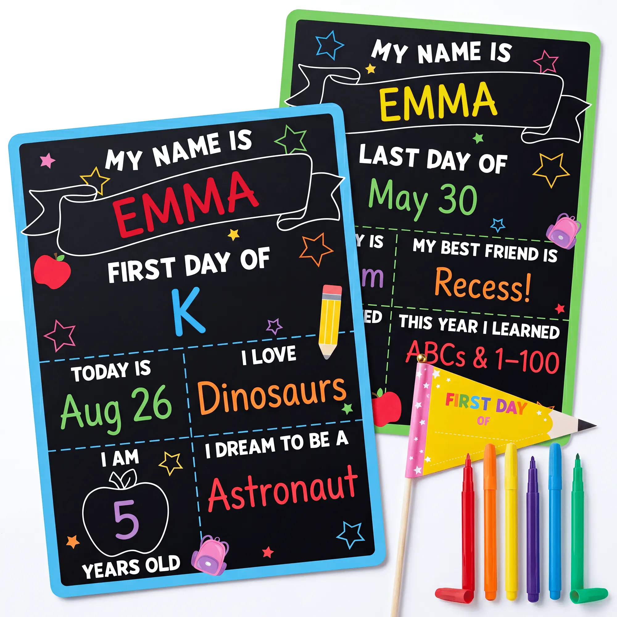 BEAWART First Day of School Sign Set, 10x14 First & Last Day Board, Reusable Double-Sided Back to School Chalkboard with 6 Chalk Markers & Pencil Flag, Preschool Kindergarten Photo Prop, Green & Blue Border