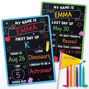BEAWART First Day of School Sign Set, 10x14 First & Last Day Board, Reusable Double-Sided Back to School Chalkboard with 6 Chalk Markers & Pencil Flag, Preschool Kindergarten Photo Prop, Green & Blue Border