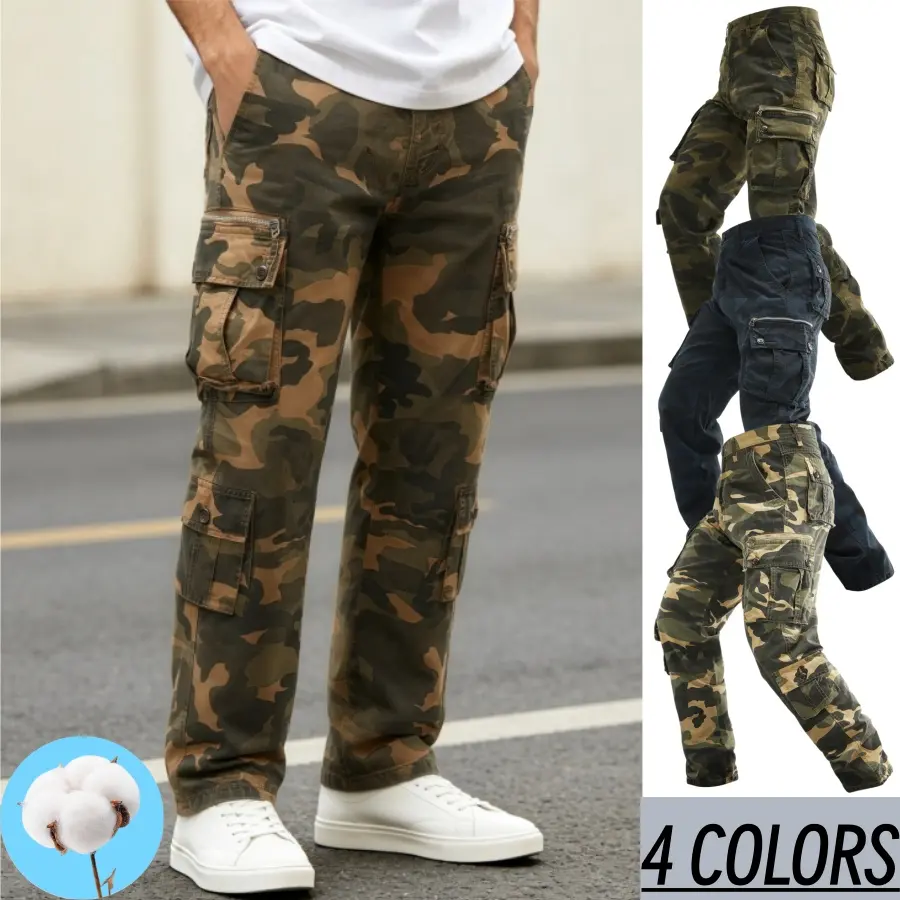 Men Vintage Camo 100% Cotton Cargo Pants, Straight Multi Zipper & Button Side Pockets Tactical Trousers, Breathable Outdoor Working Streetwear Casual Pants, 4 Camouflage Color Options