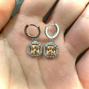 Sterling Silver 925 Princess Cut Morganite Leverback Drop Earrings