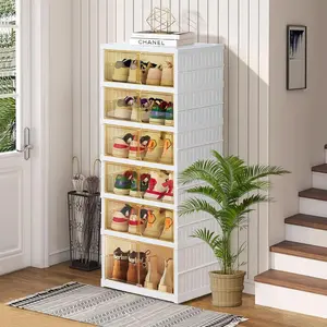 Foldable Box - Clear Stackable Shoe Organizer with Lids - Large 6 Layer Shoe Rack Cabinet