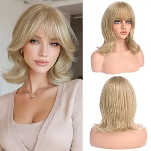 Blonde Short Bob Wigs with Bangs  Length Wavy Layered Flipped Ends  Looking Medium Synthetic Hair Wig for Women Daily Party, 14 Inch Dirty Blonde