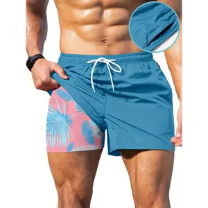 Men's Quick-Dry Swim Trunks with Leaf Print, Compression Liner & Zipper Pocket - Blue Tropical Board Shorts for Beach, Pool, or Summer Vacation