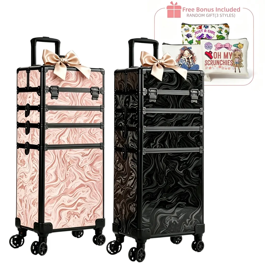 KEEYOTEK Unique Ink Marble Rolling Cosmetic Storage Box, Aluminum Frame Makeup Trolley with 360° Silent Dual Universal Wheels, Wear-Resistant Sturdy Large Beauty Organizer for Makeup Artist Salon Travel,Free Random Makeup Storage Bag As Gift