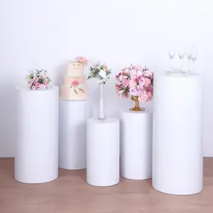 Set of 5 | White Metal Cylinder Prop Pedestal Stands Backdrop Decor, Round Plinth Pillar Display Boxes