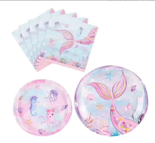 Watercolor Mermaid Party Plates and Napkins - 48PCS Mermaid Party Supplies for Girls Kids Ocean Birthday Party Dinner Dessert Paper Disposable Tableware Kit Serves 16 Guests