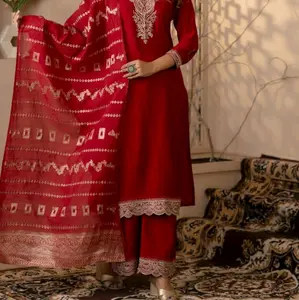 Rayon Three Piece Sarara Suit - Red, Long Sleeves, Elegant Design, Ideal for Women's Clothes - Womenswear Comfort three suit with Banarasi Dupatta