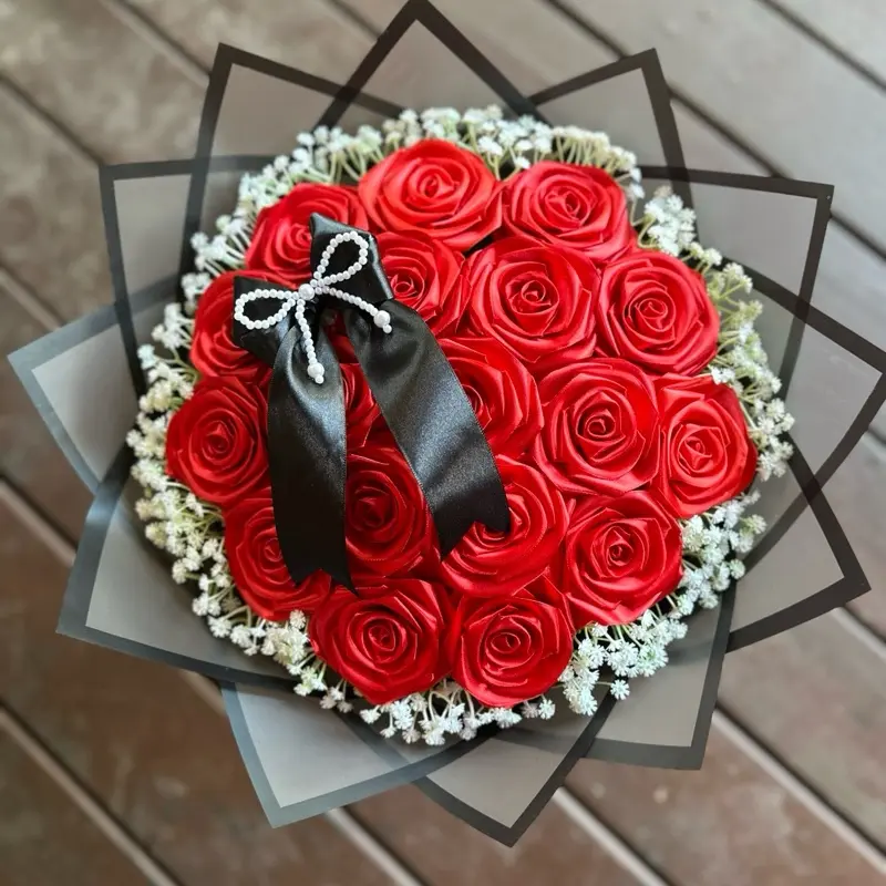 Eternal Rose Bouquet with Baby Breathes and Pearl Bow - Red Roses & Black Ribbon Decorative Arrangement