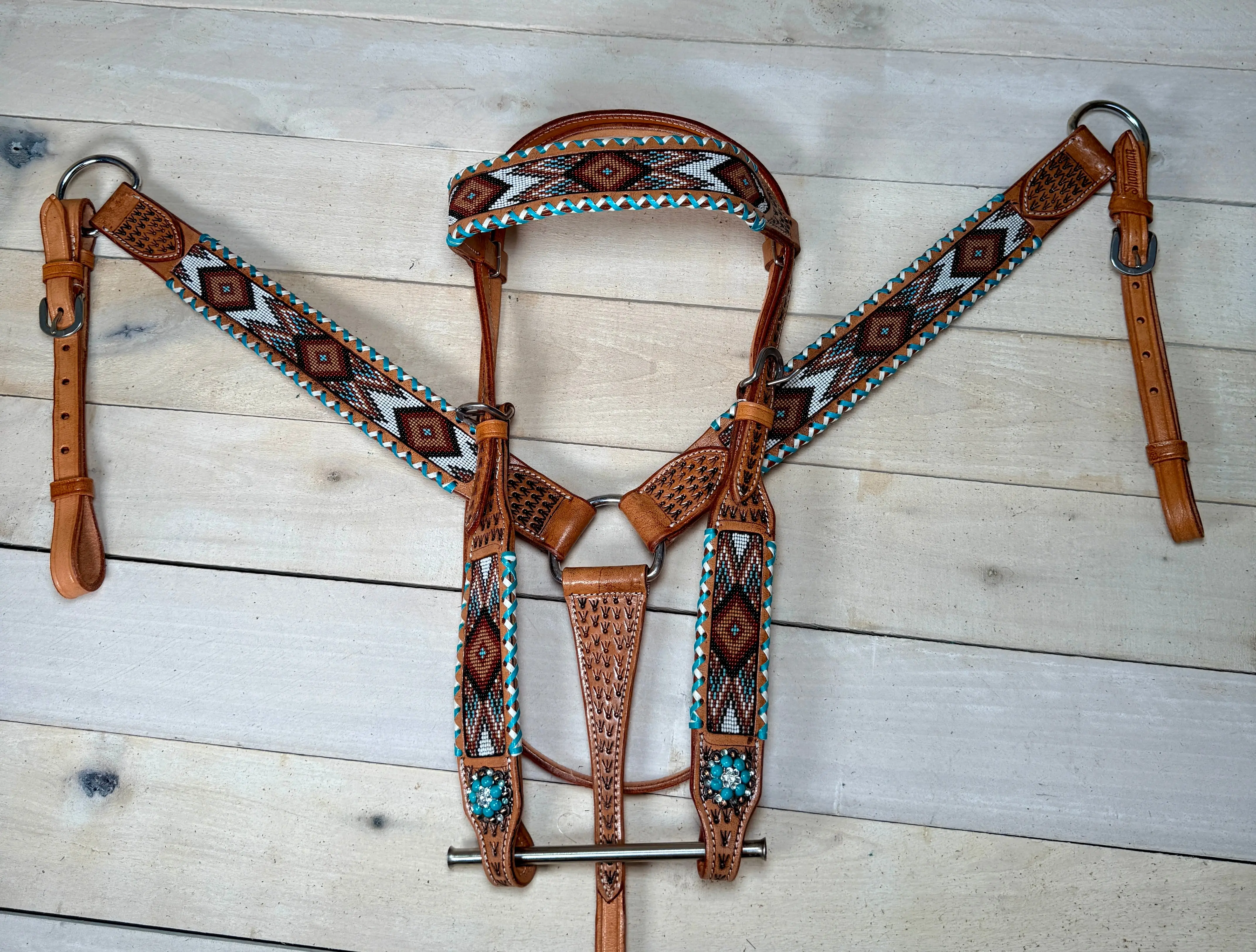 Teal and White Whipstitch Beaded Tack Set
