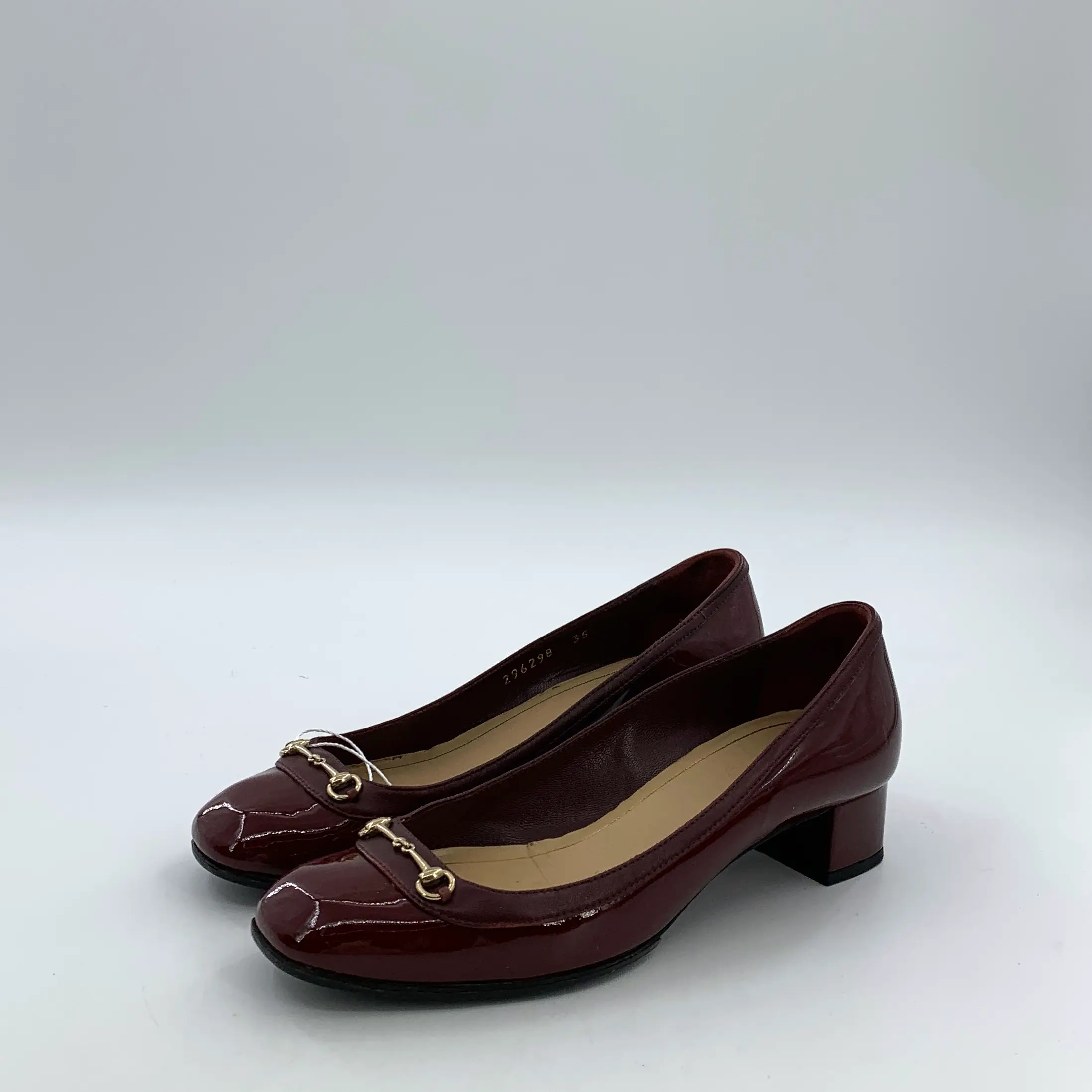 RDLT-Gucci Size 35 Burgundy Patent Horsebit Block Heels-J35832