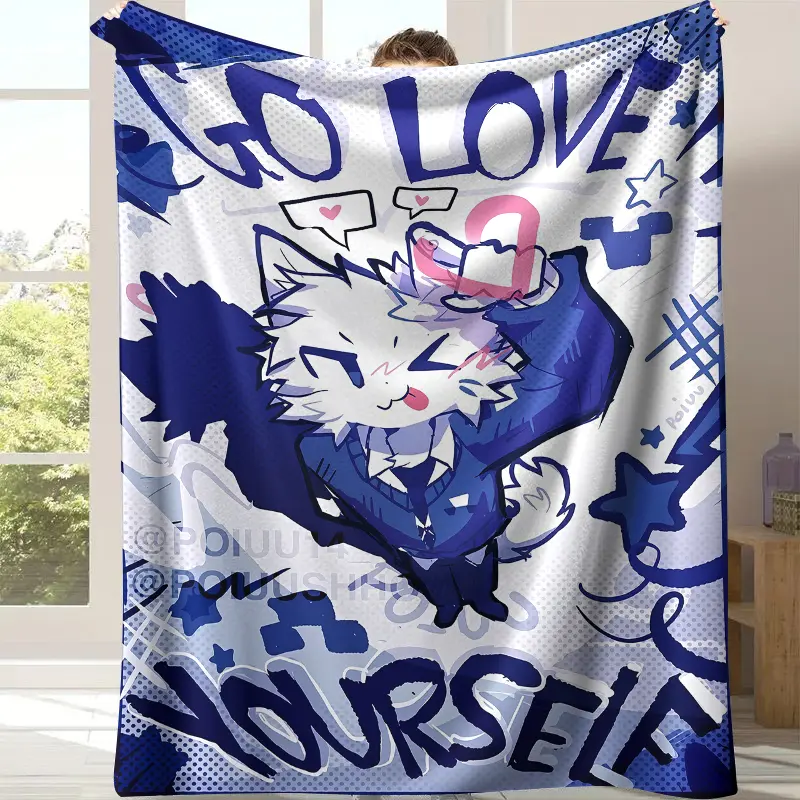 Go Love Yourself Furry White Cat Graffiti Throw Blanket, Light White Dot Background Navy Blue Street Cartoon Wolf Cat Heart Speech Bubble Flannel Blanket, Soft Fleece Blanket, Perfect Kawaii Furry Otaku Teen Bedroom Decor & Furry Art Fan All-Season Gift