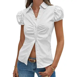 Imily Bela Womens Short Puff Sleeve Button Down Shirts Summer V Neck Ruched Cotton Tops Casual Dressy Slim Fit Blouses
