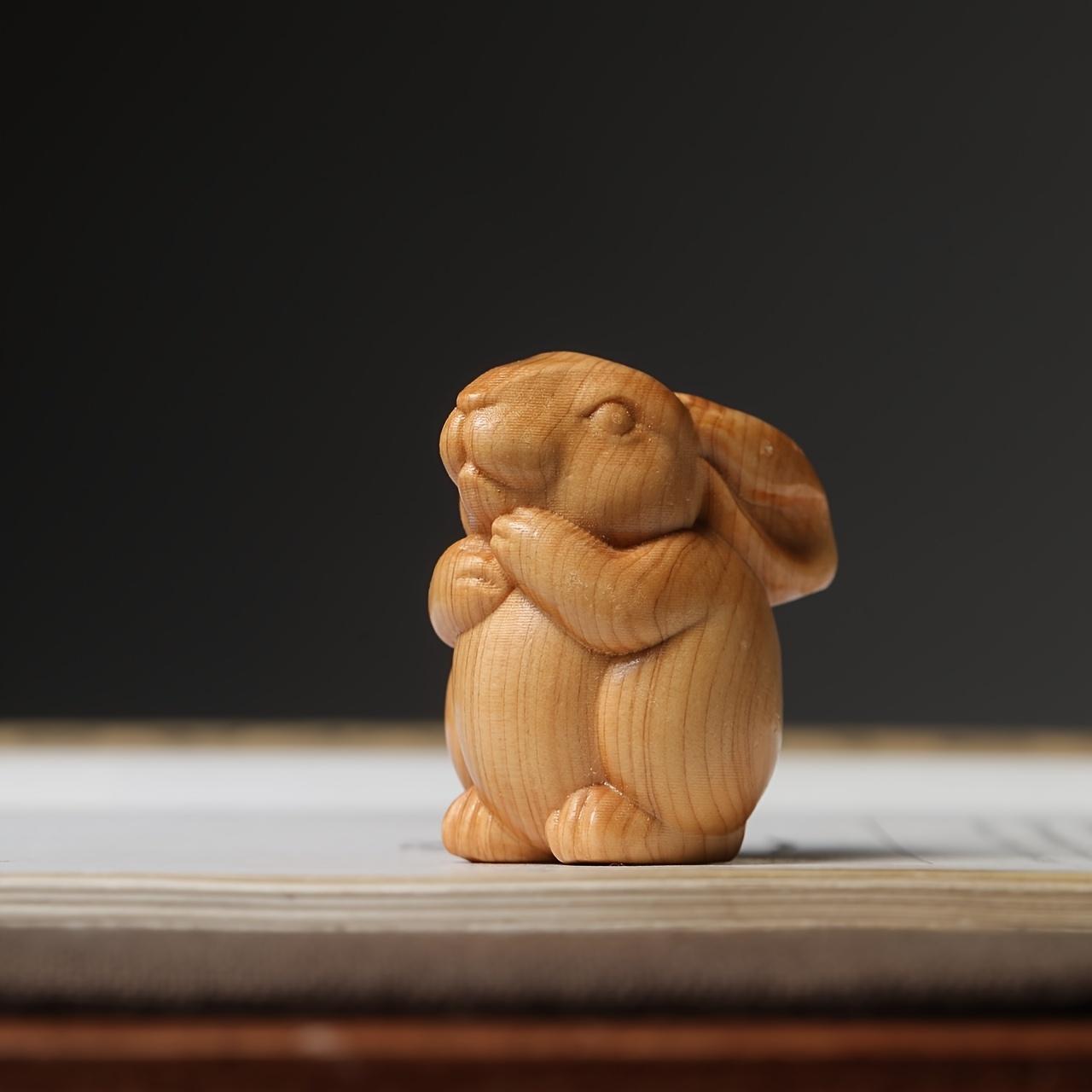 2pcs Hand-carved Wooden Rabbit Statue Decorative Handicrafts, Zodiac Rabbit Ornaments, Christmas, New Year And Valentine's Day Gifts, Creative Animal Home Decorations - No Electricity Required