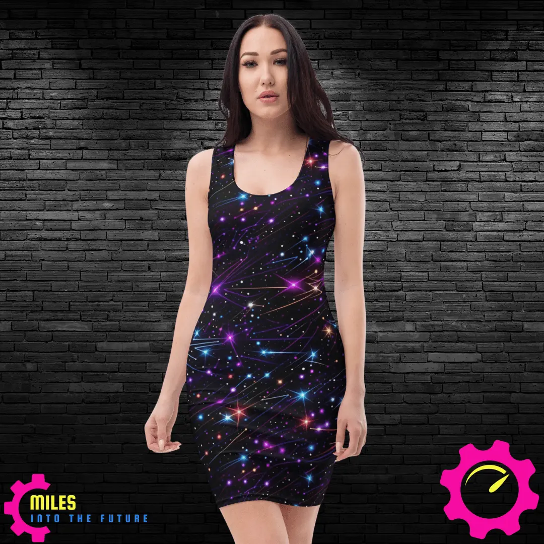 Cosmic Elegance: Space and Star Patterned All Over Print Dress