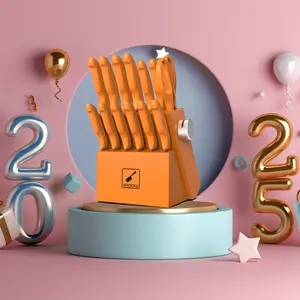 imarku orange 14 PCS Knife Set with Block, Sharp Knife Set with Built-in Sharpener, Japanese Stainless Steel Kitchen Knife Set , Best Gift