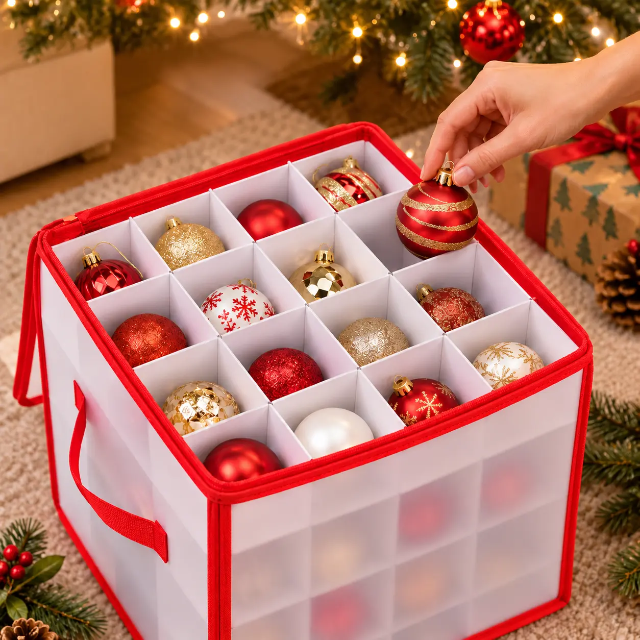 Christmas Ornament Storage Box - 64-Divided Grid Desk Organizer with Dividers, Dustproof Transparent-Large Compartment Holidays Bauble Carrying Case with Handles for Xmas Home Decoration (Office Accessory)