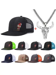 Unisex Baseball Cap & Bull Head Necklace Set, Funny Santa Claus Design, Adjustable Trucker Hat, Casual All-Season Wear, Perfect Christmas Gift