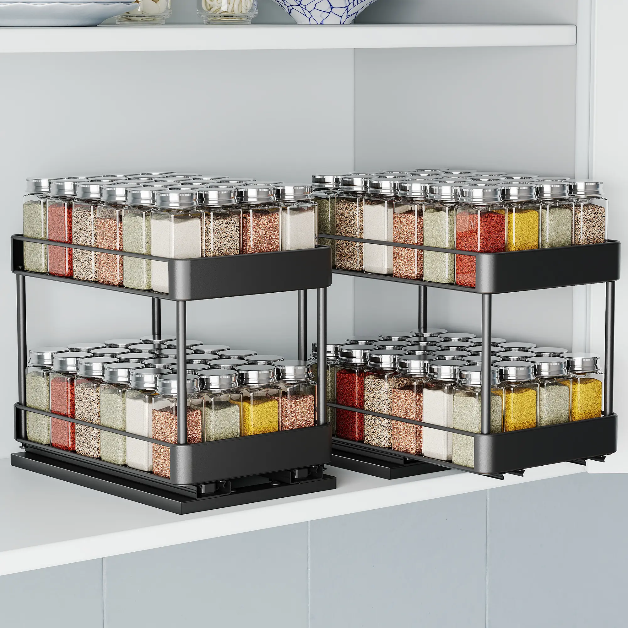 Nieifi 2pcs Kitchen 2-Tier L-Shaped Metal Pull-Out Spice Rack Organizer, 6-Inch Smooth Sliding Design, Rust-Resistant Space-Saving Cabinet Storage for Spice Bottles, Small Containers
