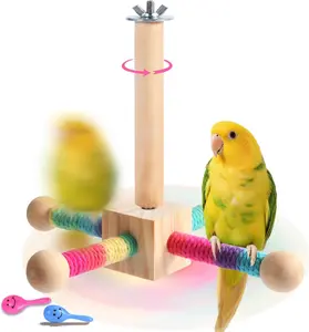 ChirpChirp 360° Spinning Bird Perch Toy - Interactive Parrot Toys & Parakeet Toys for Conures, Cockatiels, Lovebirds. Medium Primary Colors Bird Cage Accessories, Natural Wood Perches & Exercise Stand for Small Medium Birds.
