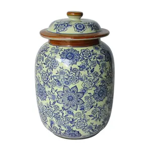 212 MAIN Large Blue & White Ceramic Lidded Jar with Decorative Design - Room Decor Accent Piece