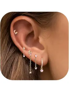 5 Pcs Stack Gold Studs Earrings for Women 14K Gold Plated 925 Sterling Silver Single Stud Hoop Earrings Sets for Multiple Piercings Heart Star Moon Hoop Dangle Earrings Stack Set Earring Stacking Set Heart Shape Earrings