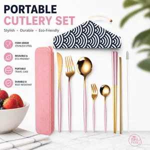 8 Pieces Stainless Steel Flatware Set – Portable Reusable Cutlery Set, Includes Chopsticks, Knife, Fork, Spoon, Straws & Cleaning Brush – Dishwasher Safe, Pink Gold