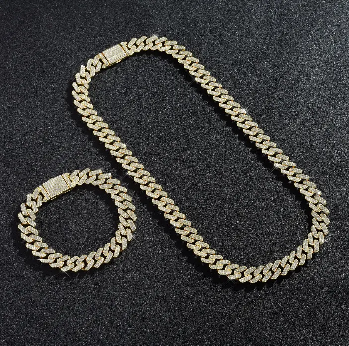 12mm Iced Out Cuban Link Necklace & Bracelet Set for Men - Gold-Silver Tone Geometric Metal Coated Golden Jewelry Set, Luxury Satin Pouch Included, Hip Hop Dad Gift for Daily Wear, Unisex Costume Necklace Accessory