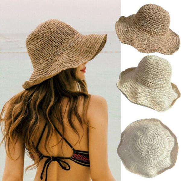 Women Summer Sun Hats Casual Solid Color Straw Hat Wide Brim Beach Hat Foldable Beach Travel Cap