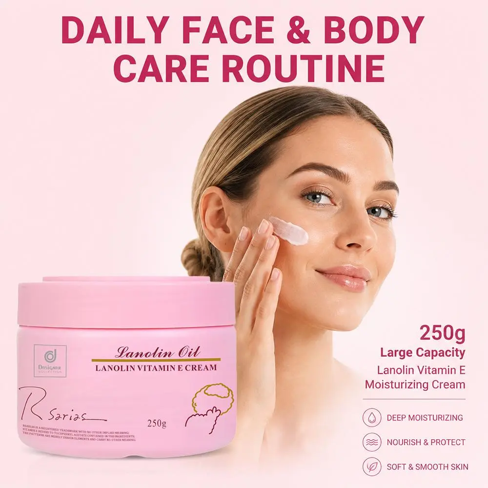 Lanolin & Vitamin E Cream, Face & Body Moisturizer to Restore Dry, Sensitive Skin - Gentle & Lightweight Hydrating Night Cream, 250g