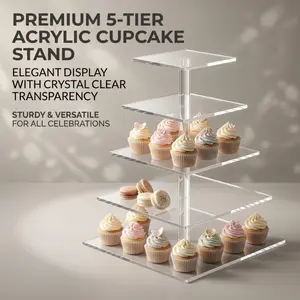 5-Tier Clear Acrylic Cupcake Stand, Square Transparent Dessert Display Tower, Sturdy Tiered Tray for Cupcakes, Macarons & Pastries, Ideal for Weddings, Birthdays & Party Celebrations