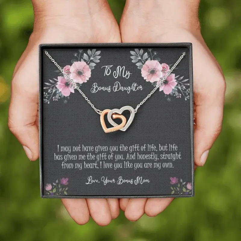 Handmade Jewelry, Message Card Necklace, Message Necklace, Gifts, Message Card, Necklace Card To My Bonus Daughter Interlocking Hearts Necklace With Sentimental Message Card Gift, Necklace With Meaningful Message Card Inside