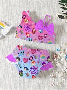 2 Piece Kpop Demon Hunters Kids Bikini Swimsuit Set, Gradient One Shoulder Swimwear with Bow, Ruffle Hem Beach, Perfect Birthday Gift