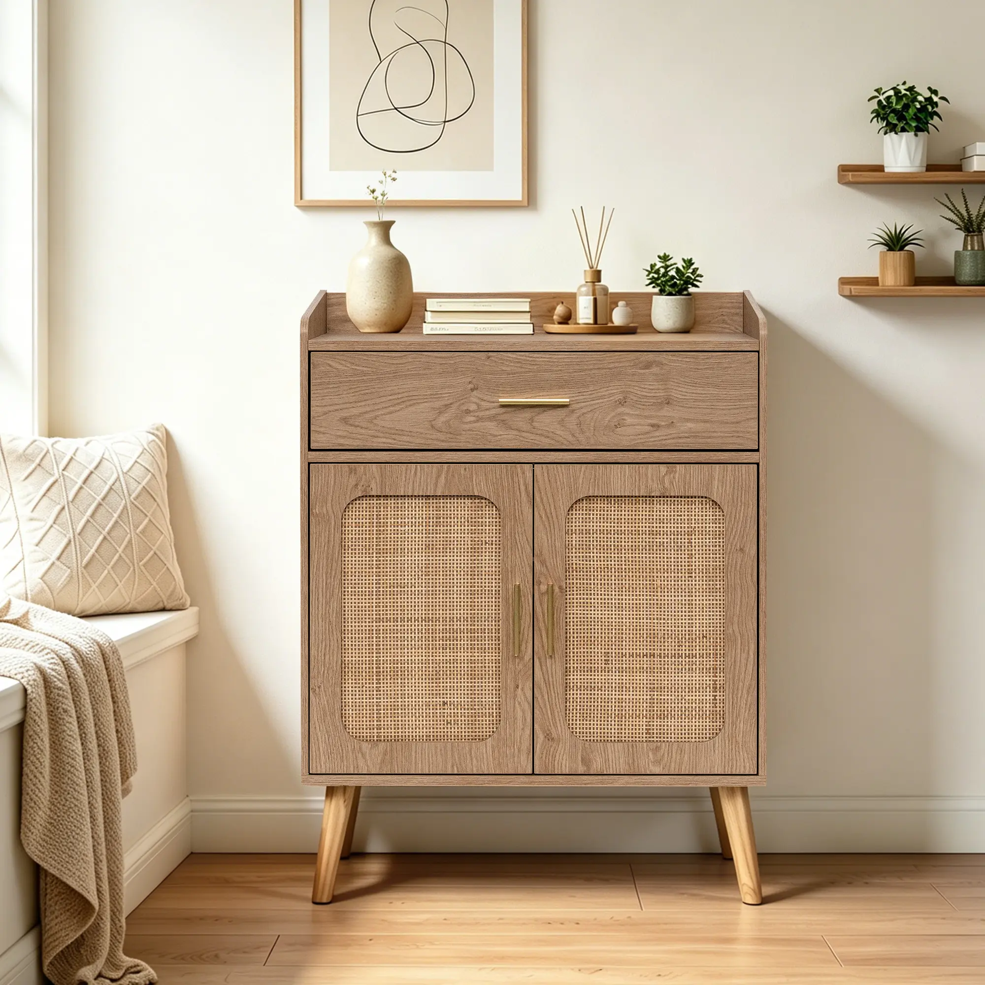 Farmhouse Buffet Storage Cabinet, Kitchen Sideboard Buffet Cabinet with 1 Drawer and 2 Doors, Floor Storage Cabinet with Solid Wood Legs, Freestanding Credenza Cabinet for Kitchen, Dining Room, Living Room, Bathroom, Natural Color