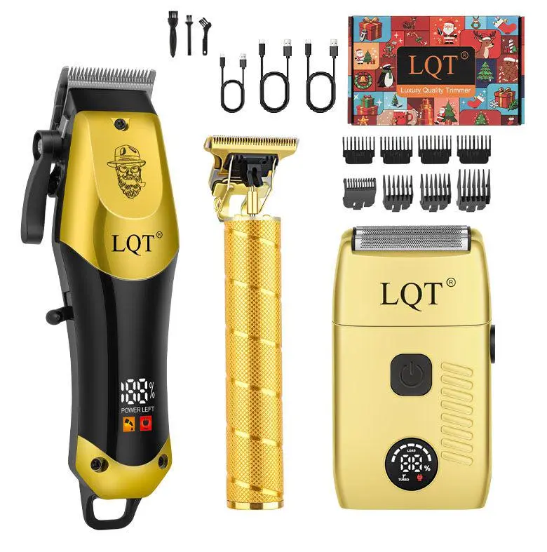LQT 3-in-1 Gold Barber Kit - Cordless T-Blade Trimmer, Foil Shaver & Engraved Hair Clipper with LED Display, USB Charger, Guide Combs for Home Haircut, Hair Styling, Smoothing (For Men, Home & Barbershop), Face, Beard Style, Accessories For Home & Barbers