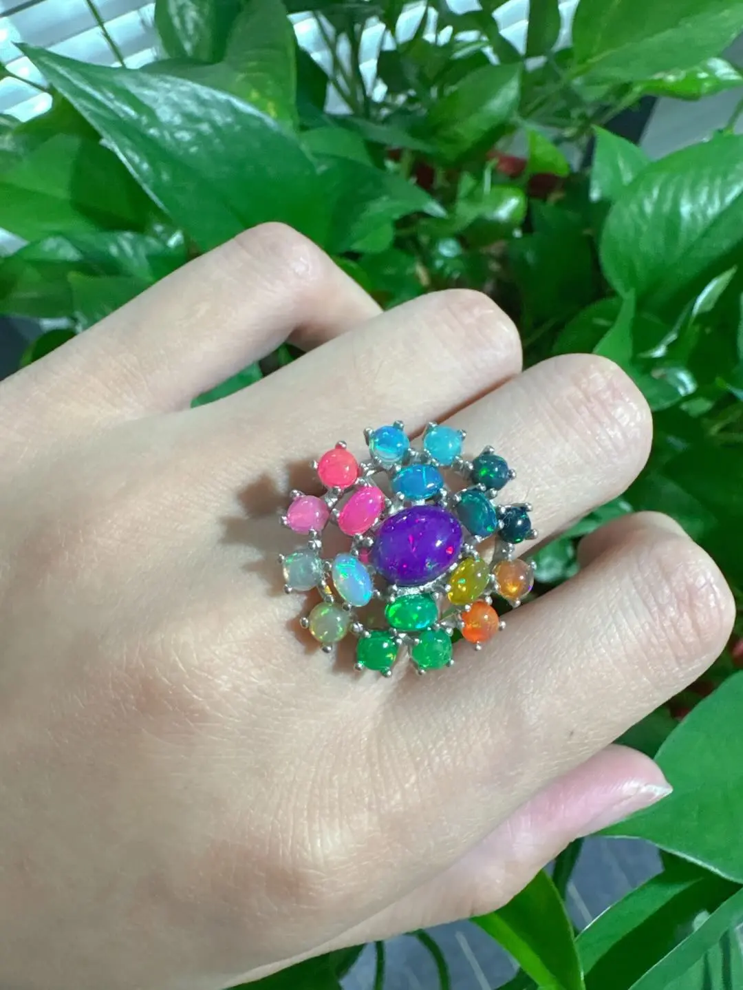 Evelyn(16338)gc.S925 rainbow opal adjustable ring