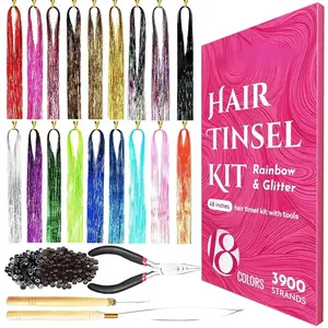 Glitter Hair Tinsel Extensions Kit 18 Colors with Tools and Beads, 48 Inch Sparkly Fairy Colorful Tensile Strands Shiny Hair Accessories for Women Girls