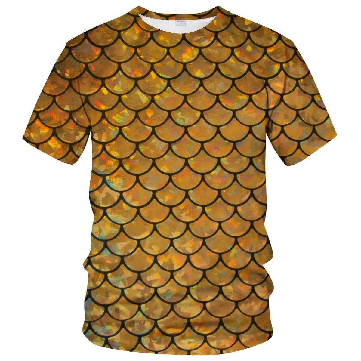 Printed T-Shirt with Golden Mermaid Scales, Breathable Shortsleeve Streetwear Top in Soft Fabric for Daily Wear, Casual, Tee, Full-Print, Relaxed Cut, All Over Print