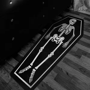 Dark Gothic Coffin Skull Carpet Mat, Halloween Indoor Long Strip Rug, Cool Reflective Fabric, Durable Short Pile, Easy to Clean