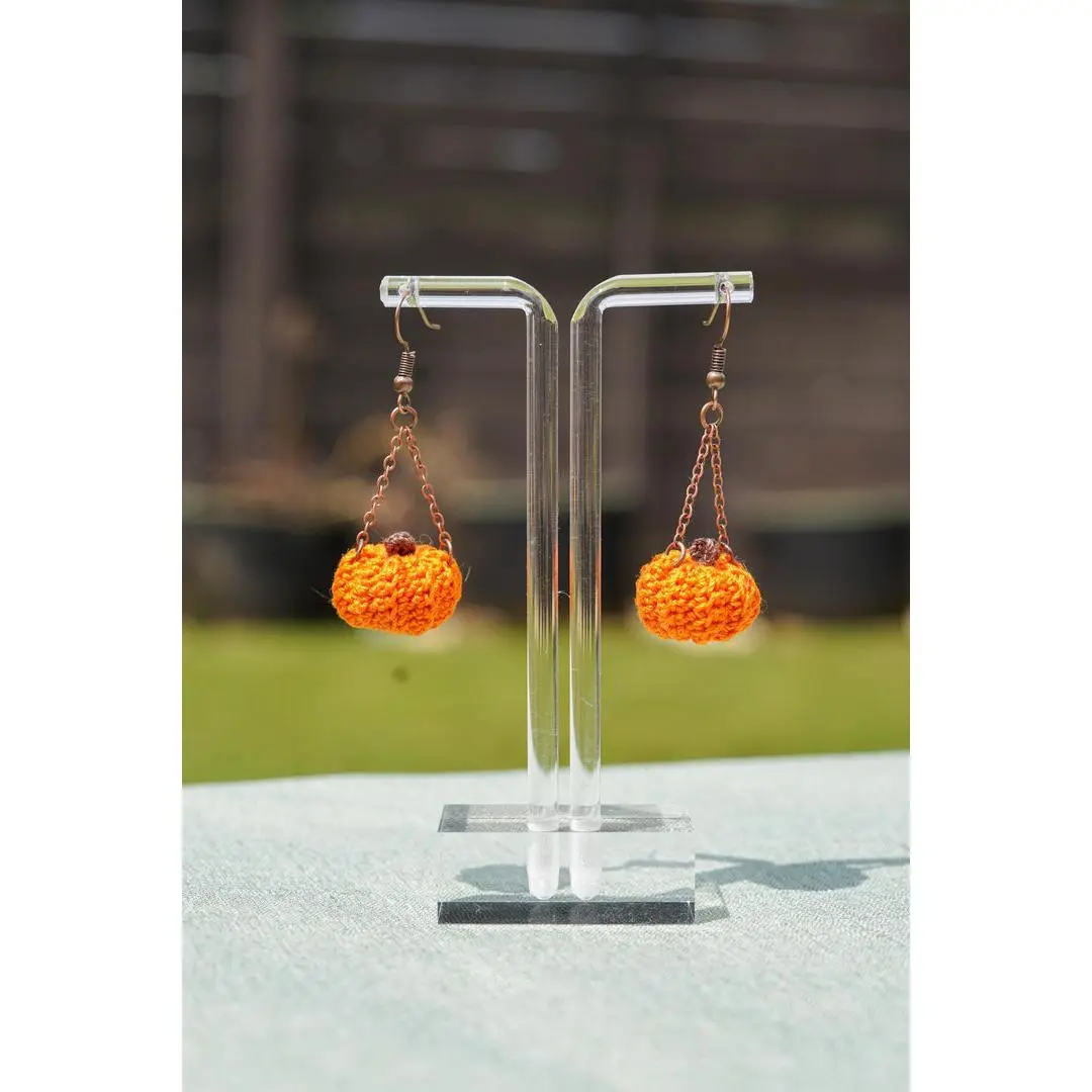 Micro Crochet Pumpkin Earrings Tiny Stuffed Autumn Earrings Fall Jewelry Handmade 3/4 Inch Stuffed Dangling Bronze Tone Chains Hypoallergenic Hooks Perfect for Fall Halloween