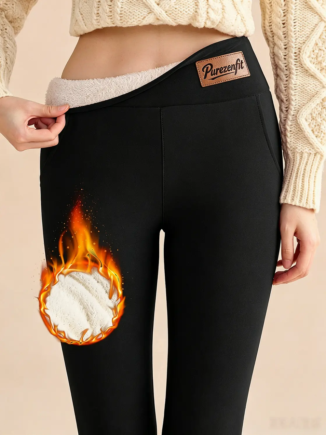 Pocket leather tag and fleece style women's high waisted sports leggings yoga leggings