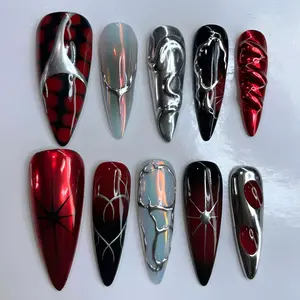 Cyber Chrome Press On Nails | Red Metallic Y2K Alien Nail Set | Handmade Futuristic Luxury Stiletto Nails