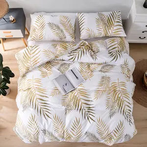 Palm Leaf Three-Piece Down Comforter Set, Soft Breathable Cotton Bedding, Smooth Zipper & Corner Straps, Modern Luxurious Quilt Cover
