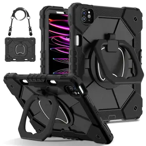 Military-Grade Shockproof Case for iPad Pro (M5) 2025 , Compatible with iPad (A16) 11th/10th / iPad Air / iPad Mini - Rotating Stand with  Pencil Holder & Shoulder Strap - Heavy Duty Drop-Proof Cover for Kids/Adults - Black